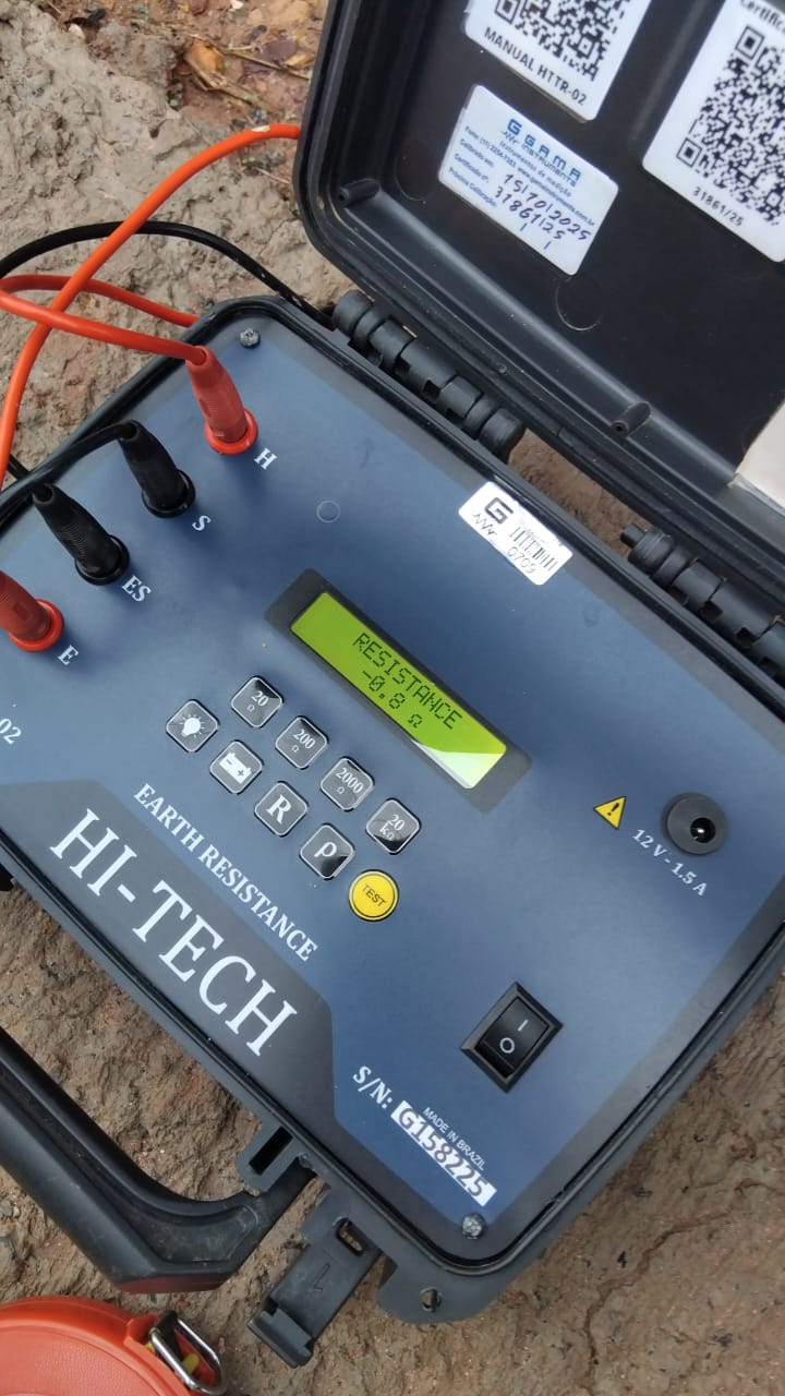Terrômetro HI-TECH medindo resistência de aterramento em campo, registro técnico para laudo de aterramento